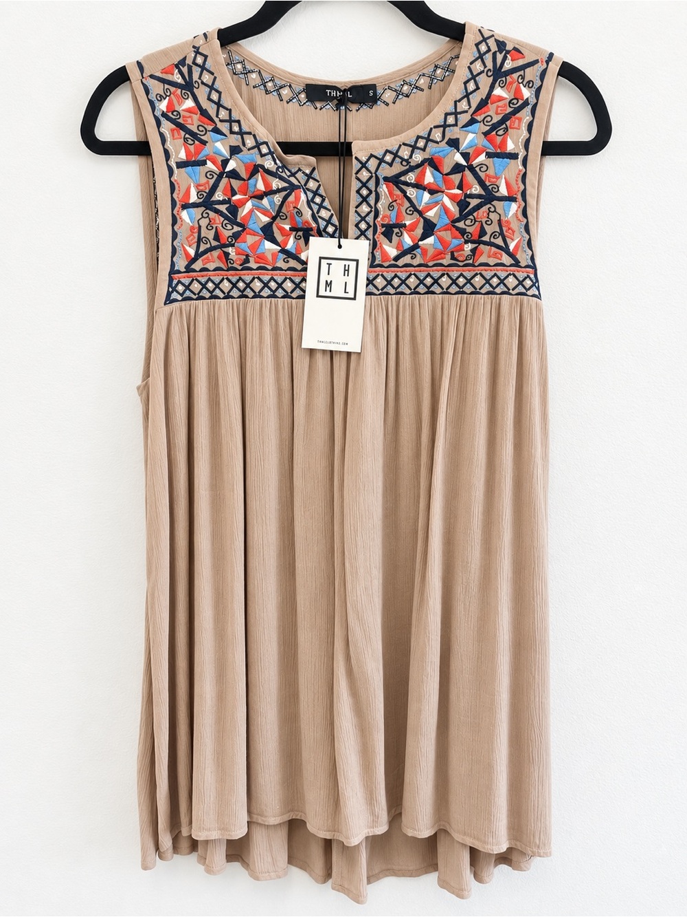 THML Beige Sleeveless Tunic with Colorful Embroidered Yoke